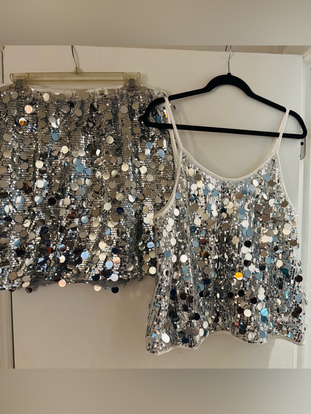 SHEIN Silver Sequin Crop Cami & Mini Skirt Set